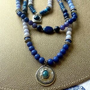Chico’s Three Strand Multicolor Blue Beaded Pendant Necklace